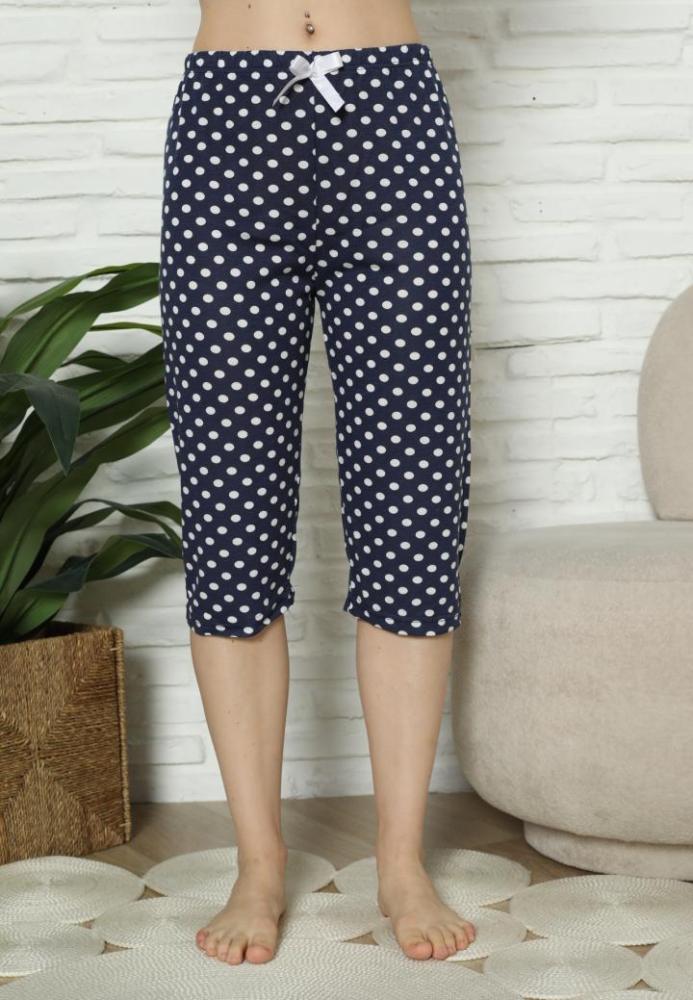 Pantaloni pijama damă 3/4, bleumarin, imprime cu buline, engros